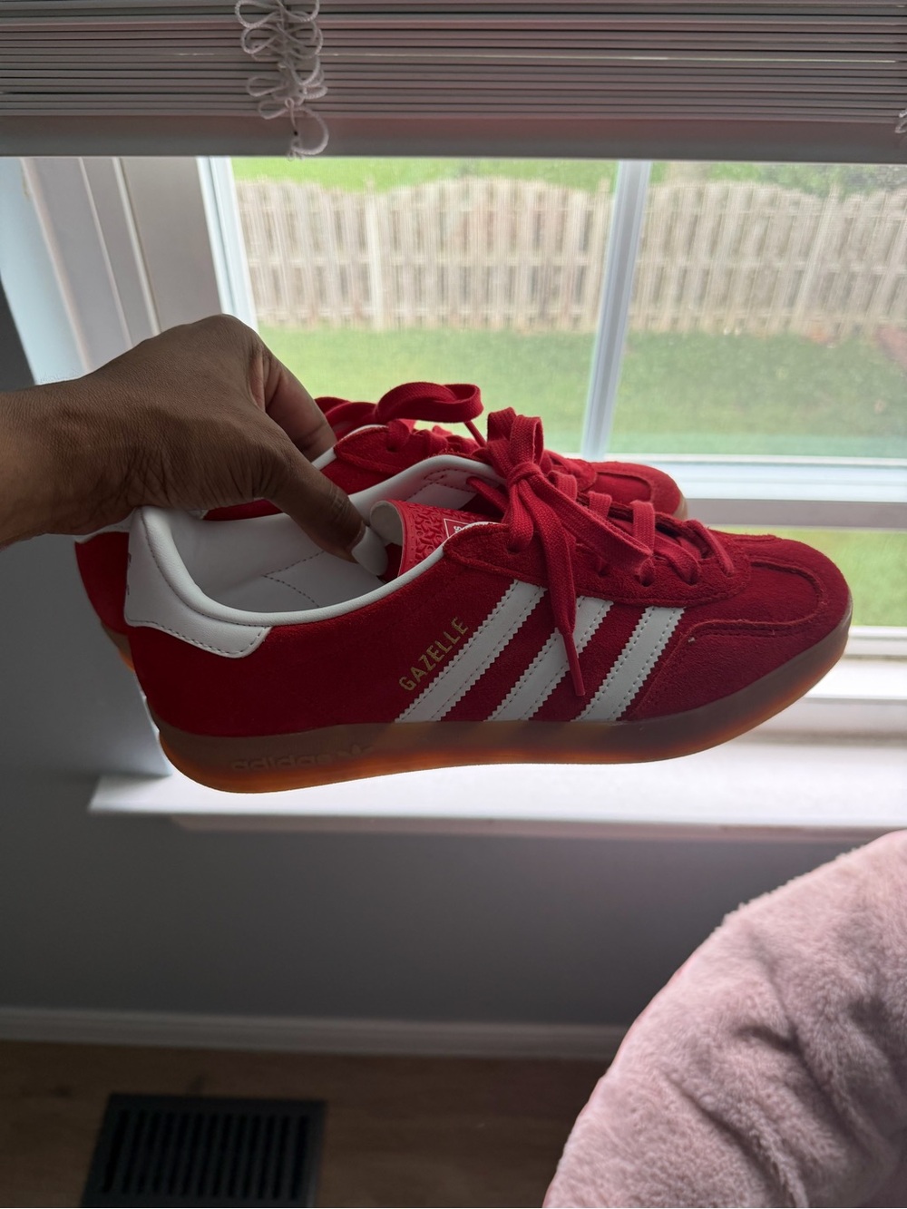 Adidas Gazelle Men’s Red Suede Sneakers with White Stripes and gum sole